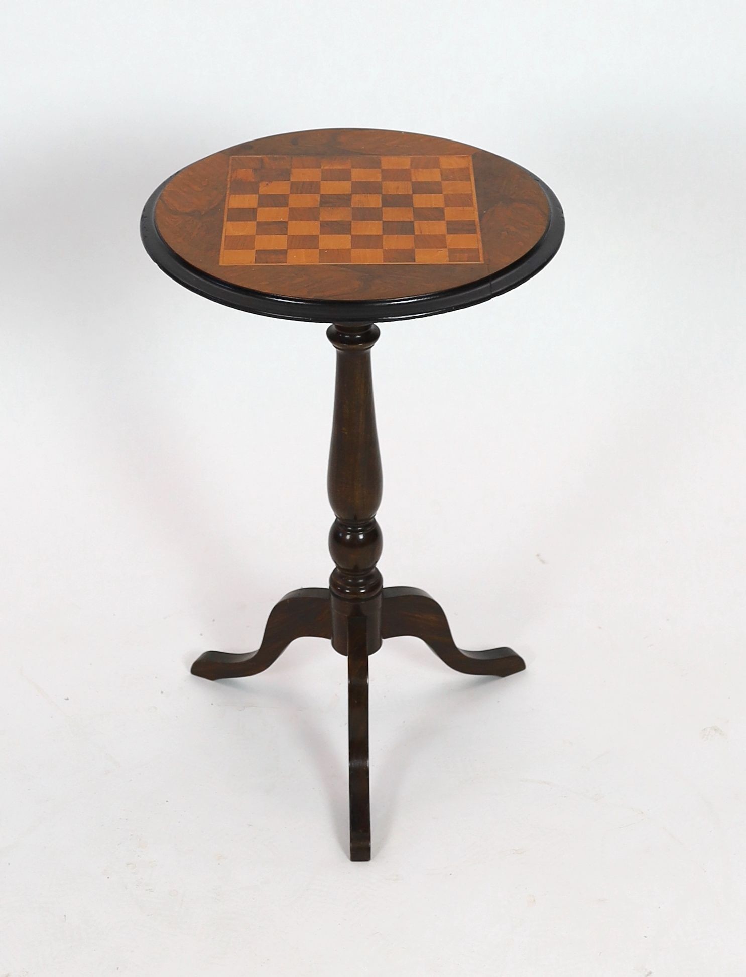 A Victorian and later parquetry inlaid walnut and beech circular tripod games table, diameter 44cm height 68cm